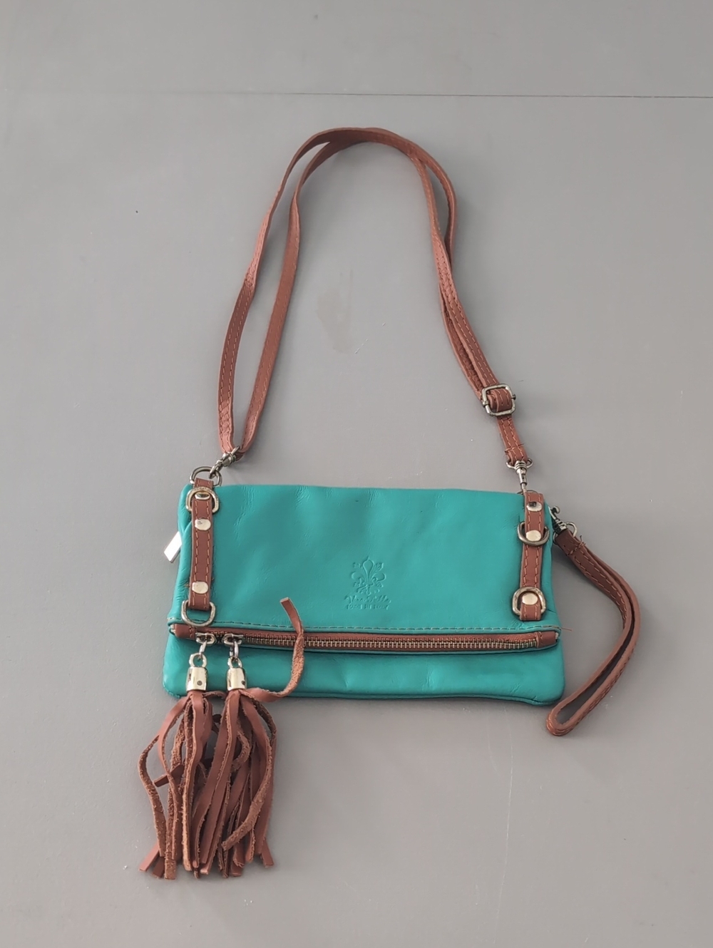 Vera Pelle Italy Leather Crossbody Bag Turquoise Brown Tassel Boho Purse